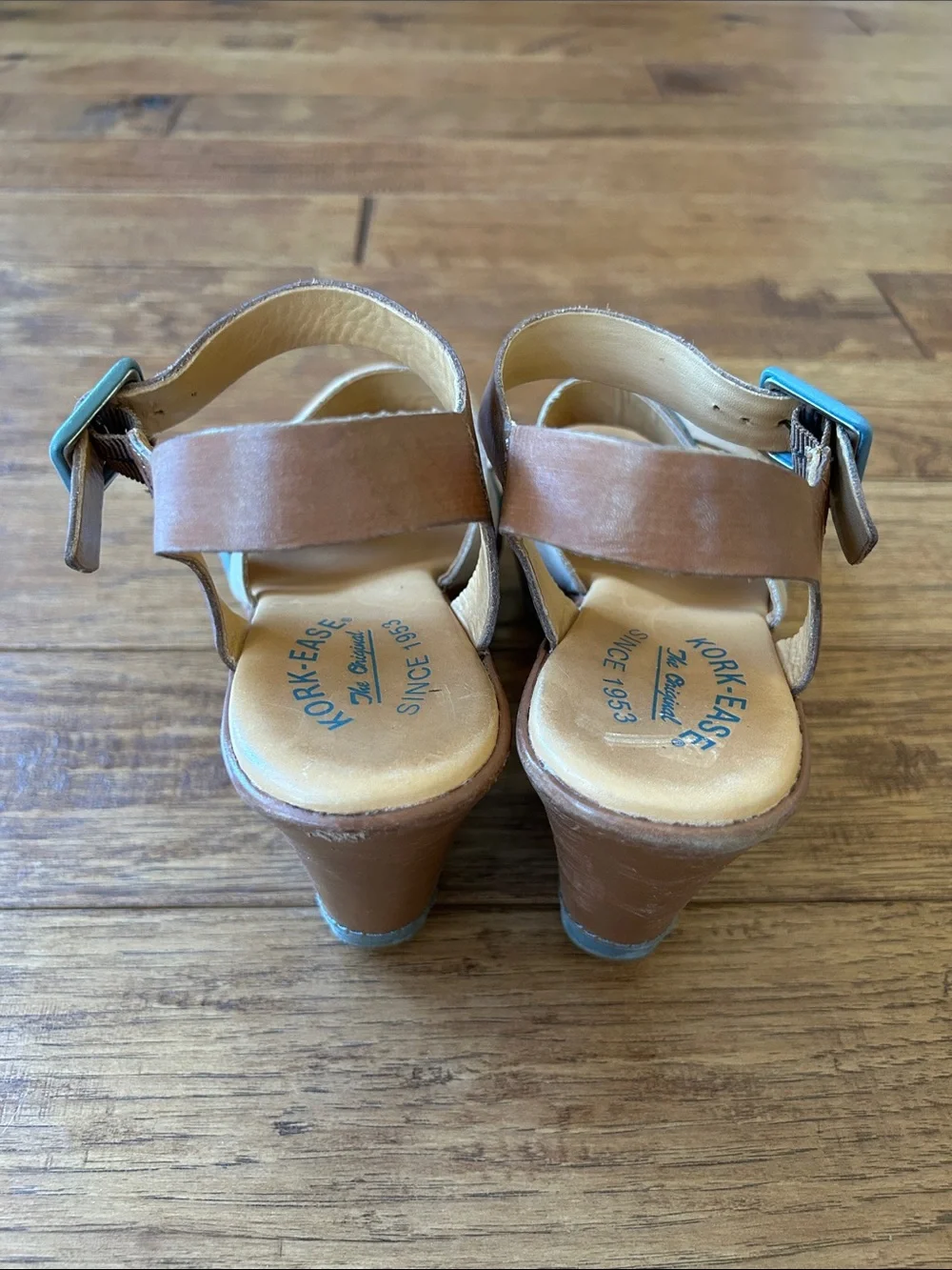 Kork-Ease Emily Strappy Wedge Heel Sandals Brown Blue Ivory Leather Size 8